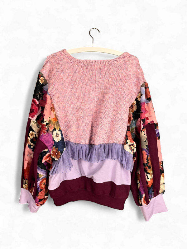 Pink Knit Top with Floral Sleeves and Lilac Tulle