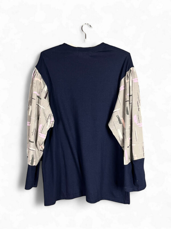 Navy Key and Feather Top with Printed Sleeves