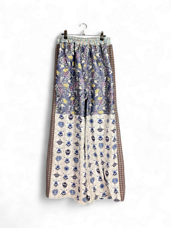Patchwork Pants with Blue and Yellow Floral and Ceramic Motifs