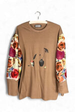 Brown Surreal Print Top with Floral Sleeves