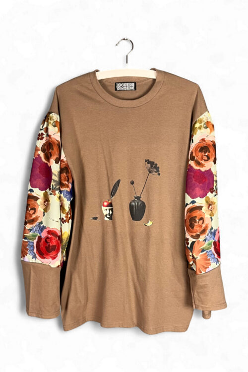 Brown Surreal Print Top with Floral Sleeves