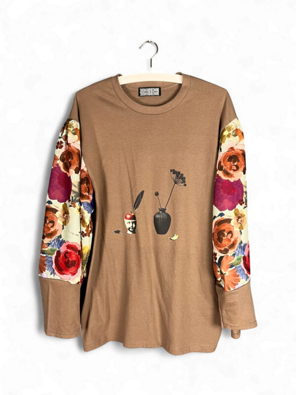 Brown Surreal Print Top with Floral Sleeves
