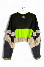 Neon Green and Black Sports Top with Mesh Ruffles
