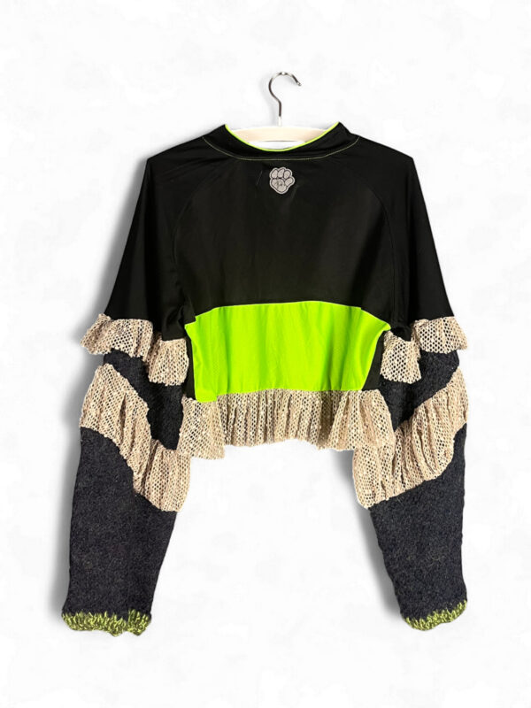 Neon Green and Black Sports Top with Mesh Ruffles