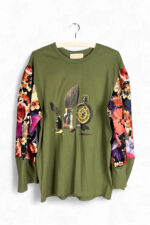 Olive Green Still Life T Shirt with Floral Sleeves