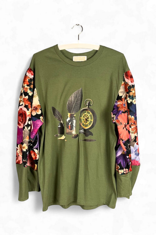 Olive Green Still Life T Shirt with Floral Sleeves Olive Green Still Life T Shirt with Floral Sleeves