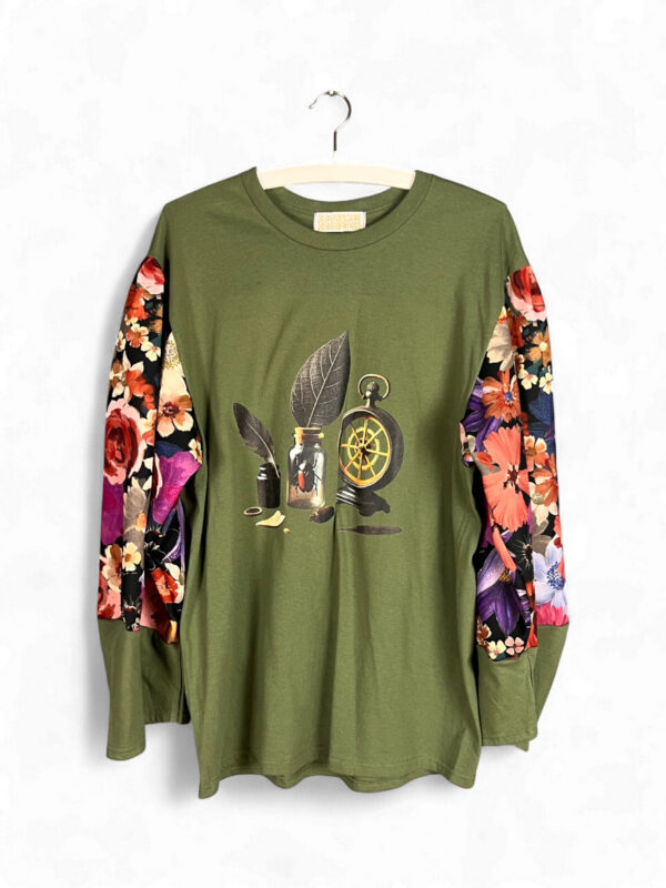 Olive Green Still Life T Shirt with Floral Sleeves