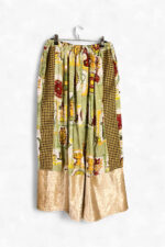 Green Vintage Print Pants with Satin Hem
