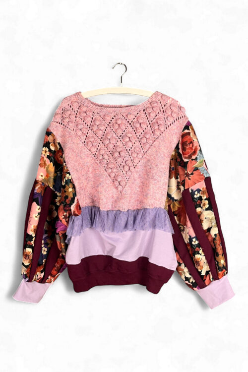 Pink Knit Top with Floral Sleeves and Lilac Tulle