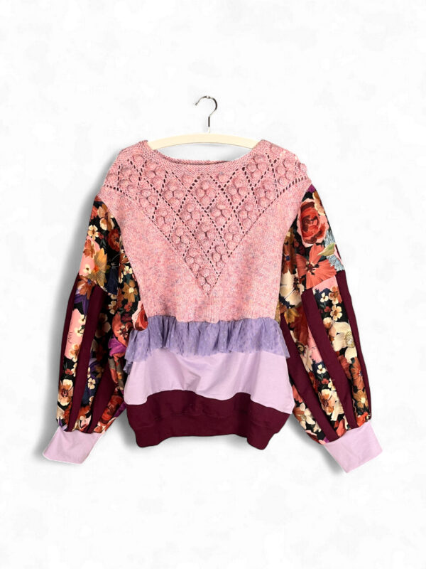 Pink Knit Top with Floral Sleeves and Lilac Tulle