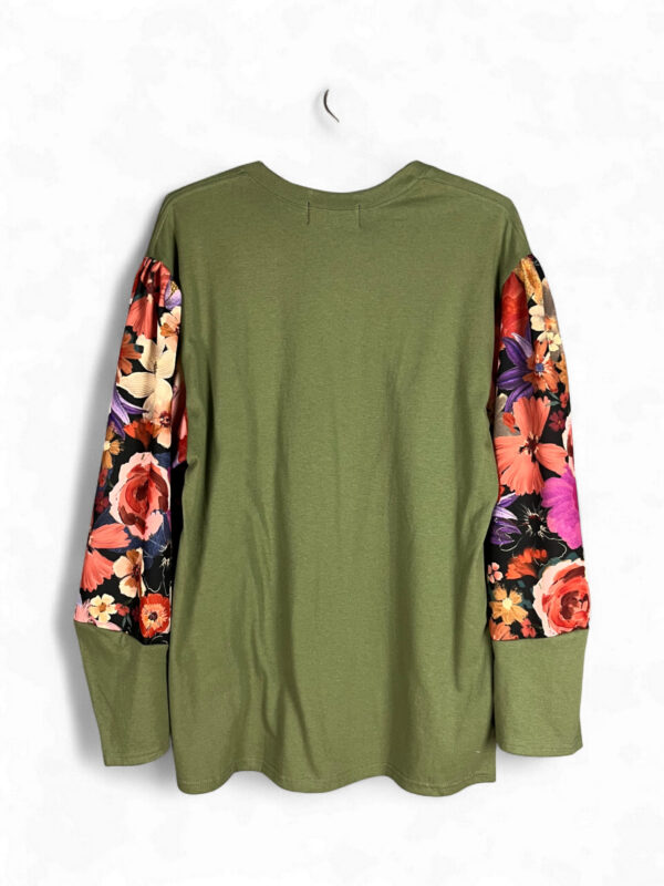 Olive Green Still Life T Shirt with Floral Sleeves