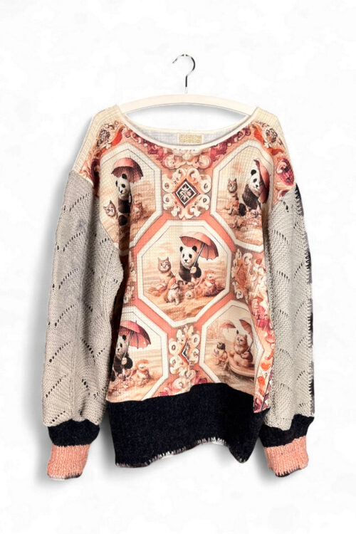 Panda Print Top with Knitted Sleeves in Beige and Black