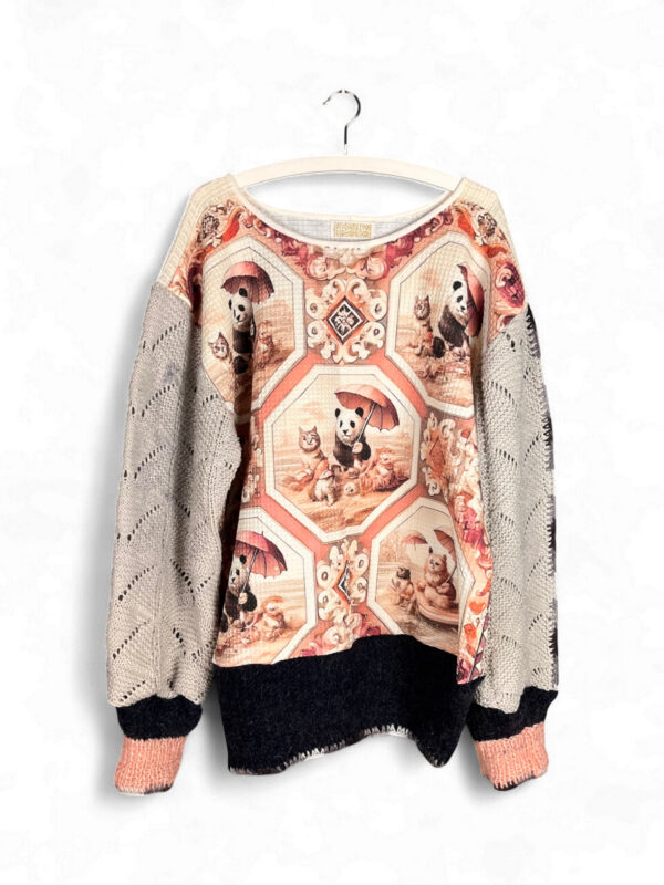 Panda Print Top with Knitted Sleeves in Beige and Black