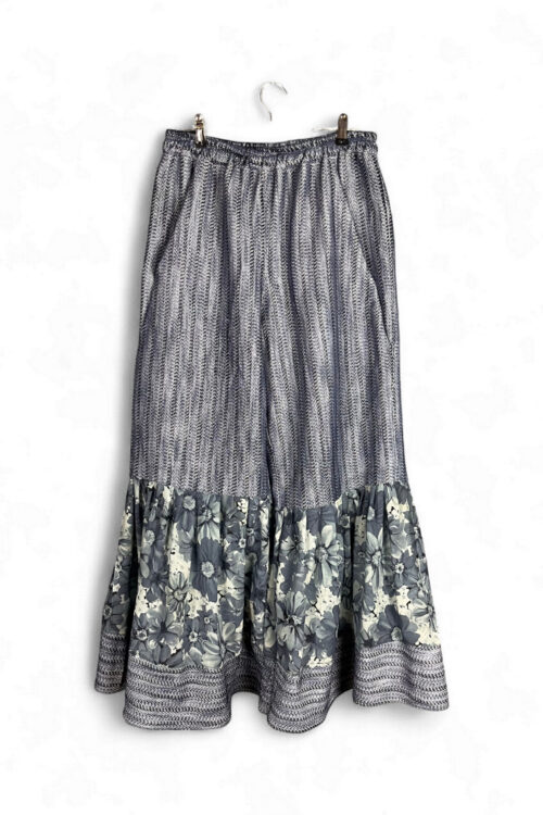 Grey Blue Wide Pants with Floral Ruffled Hem