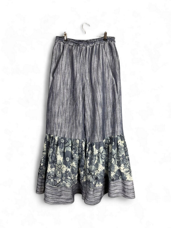 Grey Blue Wide Pants with Floral Ruffled Hem