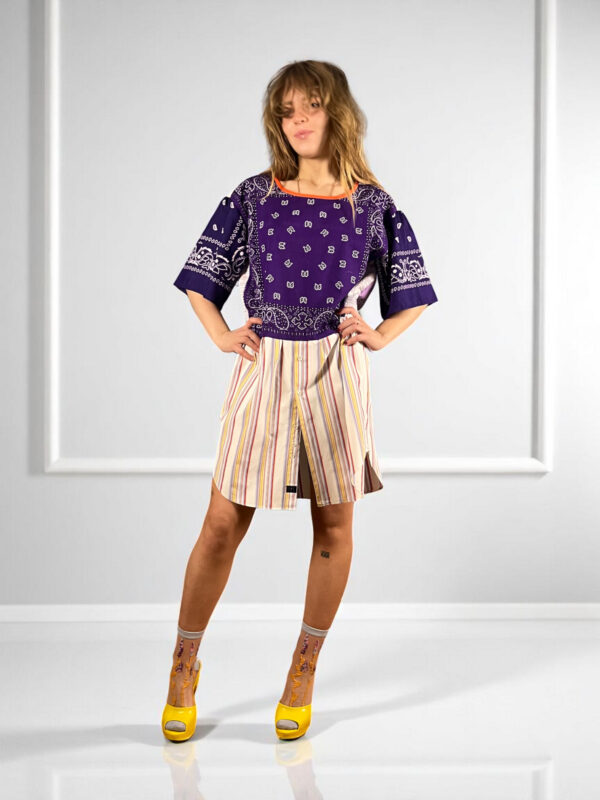 Patchwork Bandana Shirt Dress in Purple and Stripes