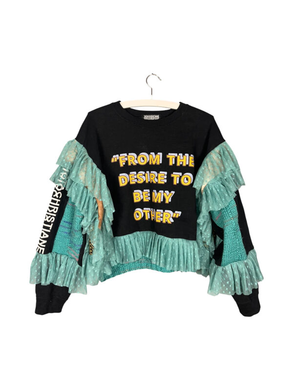 Upcycled Black Sweater Ruffles Green Text Art