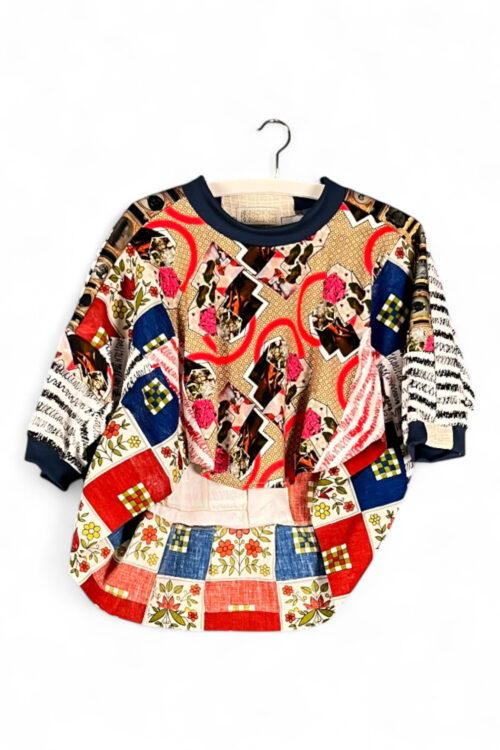 Creative Patchwork Top Red Blue Floral Print Creative Patchwork Top Red Blue Floral Print