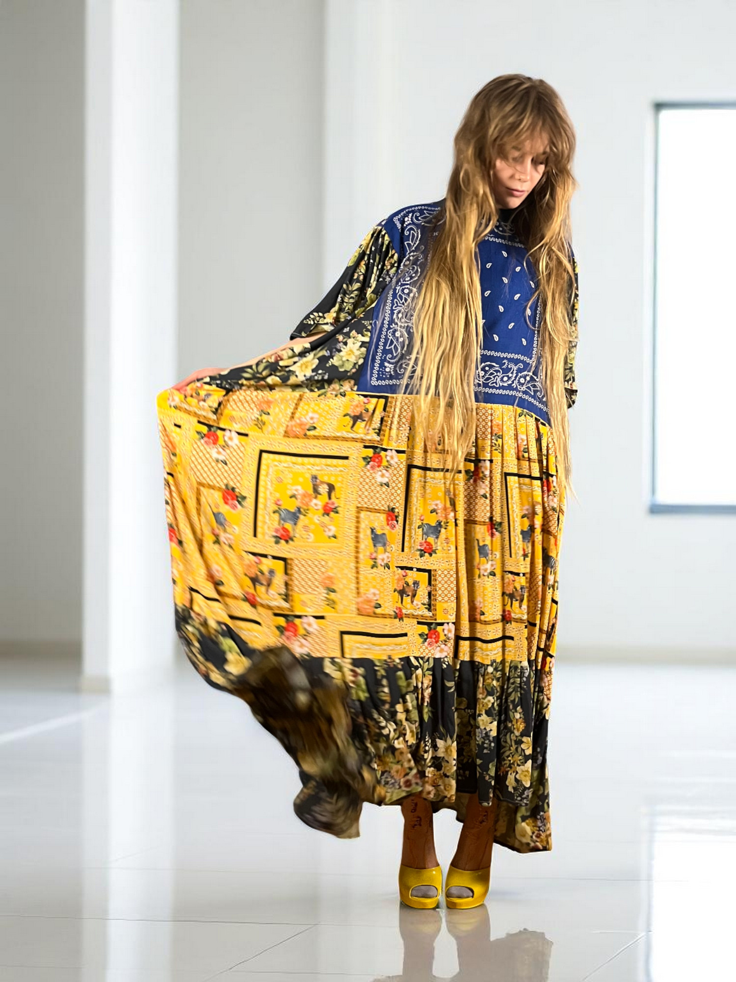 Floral Patchwork Dress Blue Bandana Front Floral Patchwork Dress Blue Bandana Front