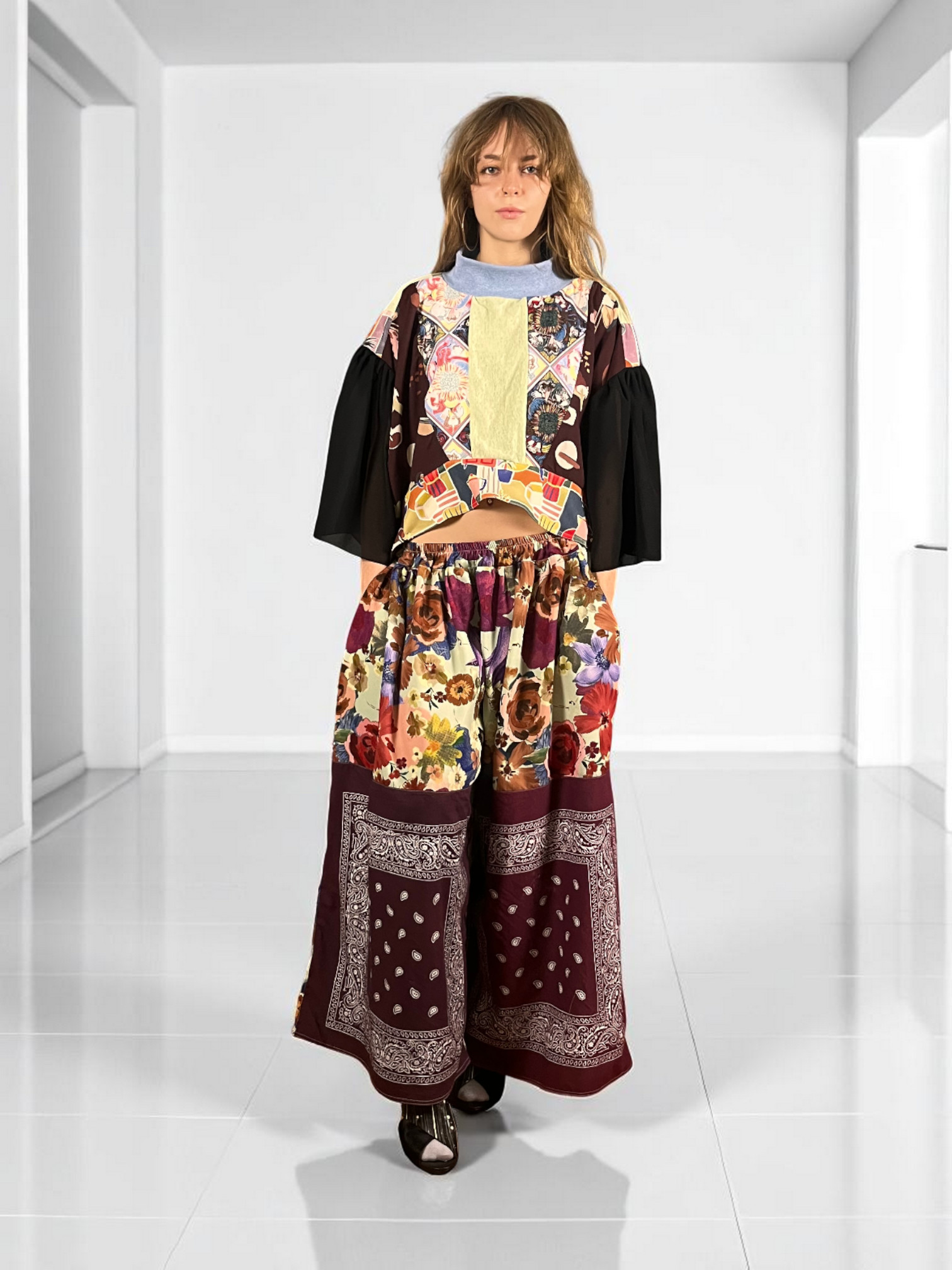 Upcycled Foulard Apron Skirt Yellow Brown Upcycled Foulard Apron Skirt Yellow Brown