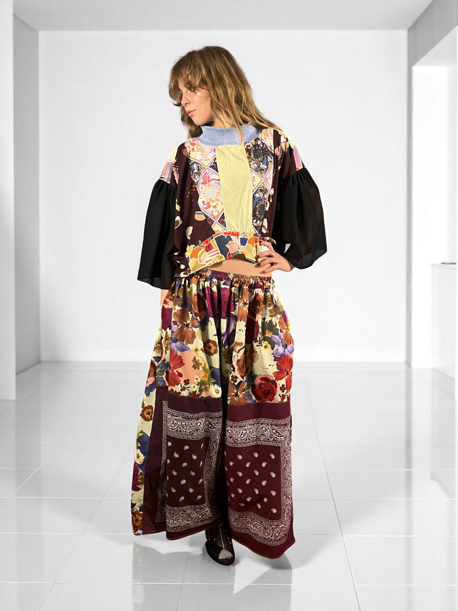 Upcycled Foulard Apron Skirt Yellow Brown Upcycled Foulard Apron Skirt Yellow Brown