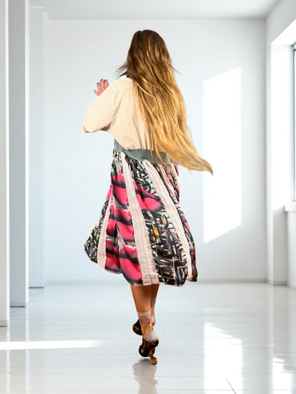 Patchwork Shirt Dress with Pink Graphic Skirt Patchwork Shirt Dress with Pink Graphic Skirt