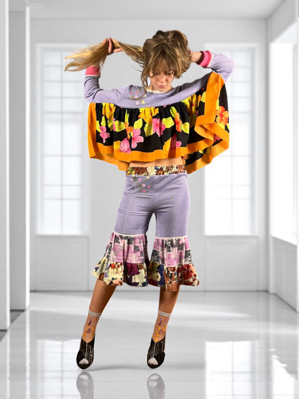 Upcycled Lavender Ruffle Pants Floral Pink Upcycled Lavender Ruffle Pants Floral Pink