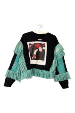 Upcycled Black Sweater Ruffles Green Text Art
