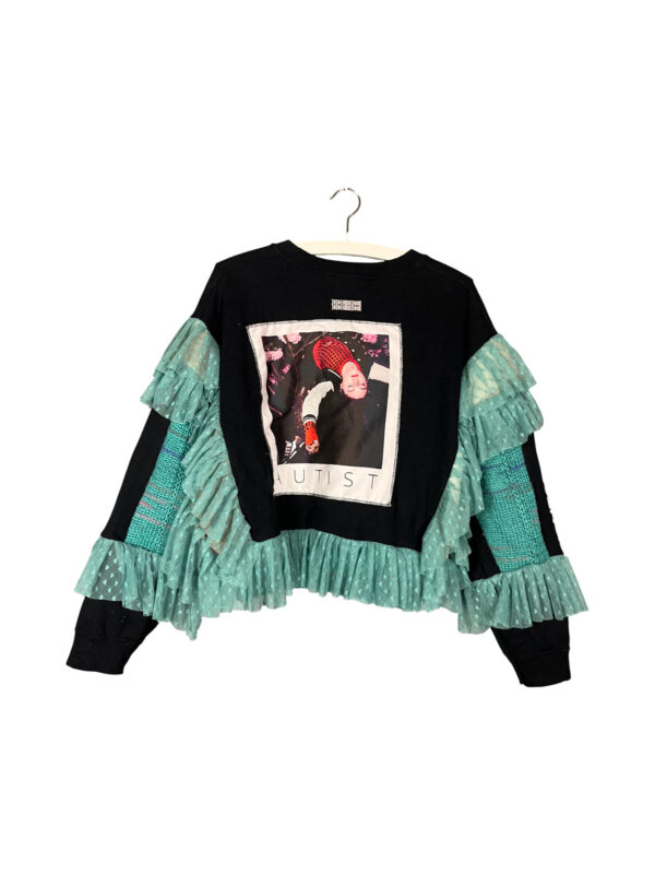 Upcycled Black Sweater Ruffles Green Text Art