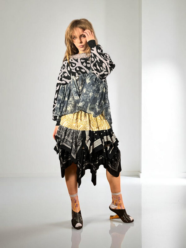 Upcycled Scarf Skirt Black White Gold Patchwork Upcycled Scarf Skirt Black White Gold Patchwork