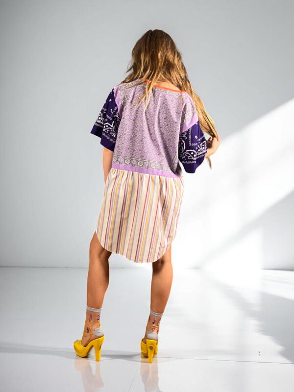 Patchwork Bandana Shirt Dress in Purple and Stripes