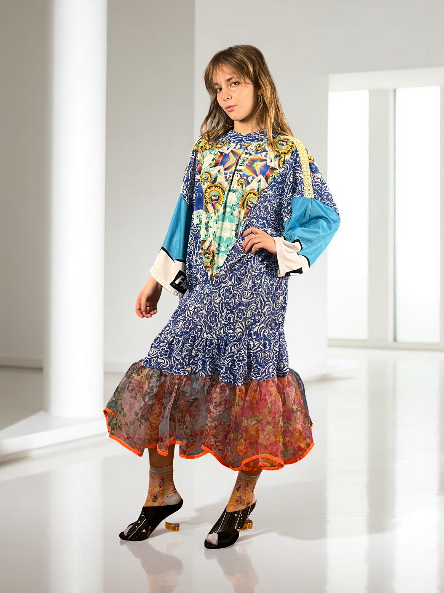 Floral Patchwork Dress Blue Bandana Front Floral Patchwork Dress Blue Bandana Front