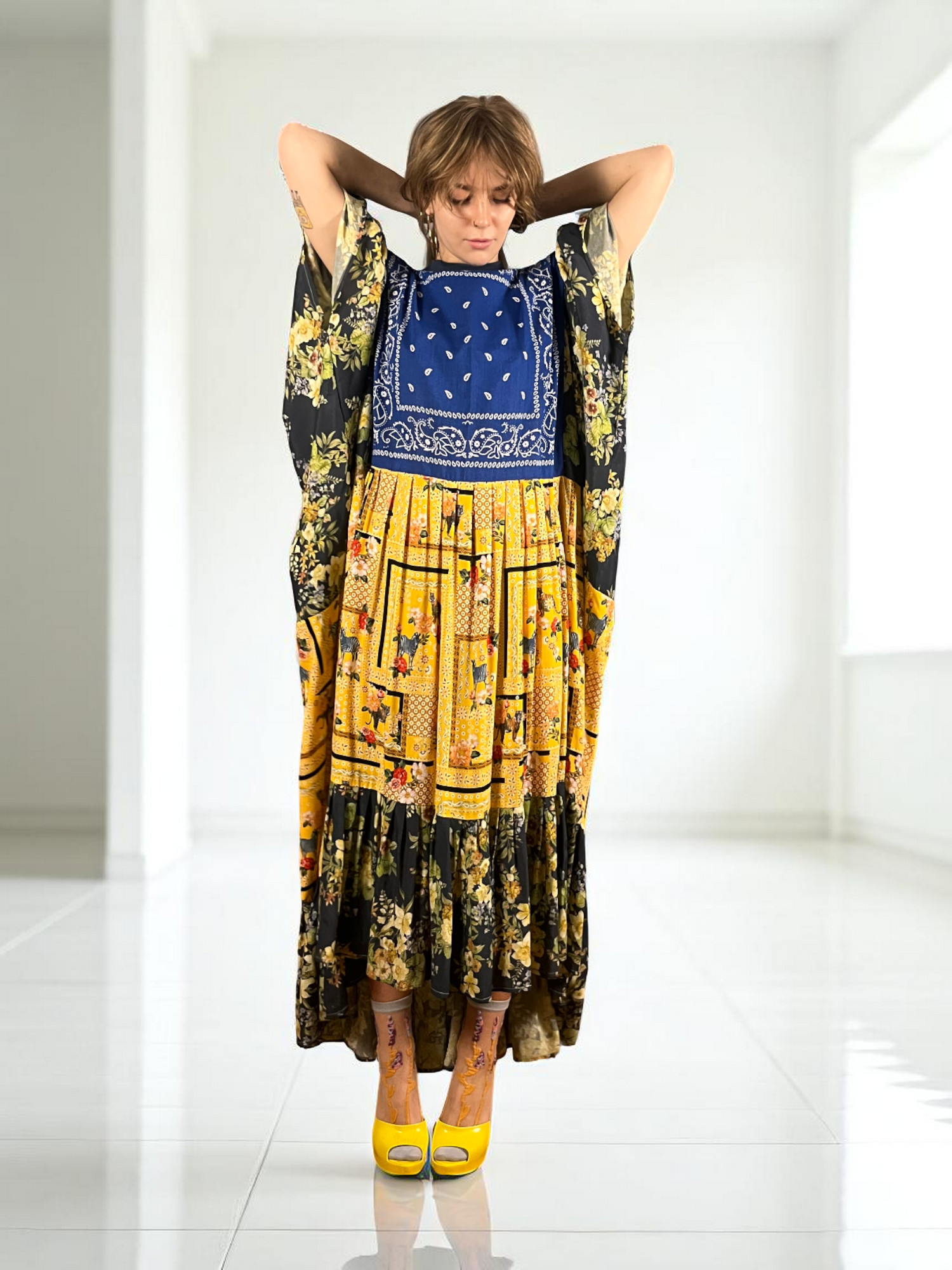 Floral Patchwork Dress Blue Bandana Front Floral Patchwork Dress Blue Bandana Front