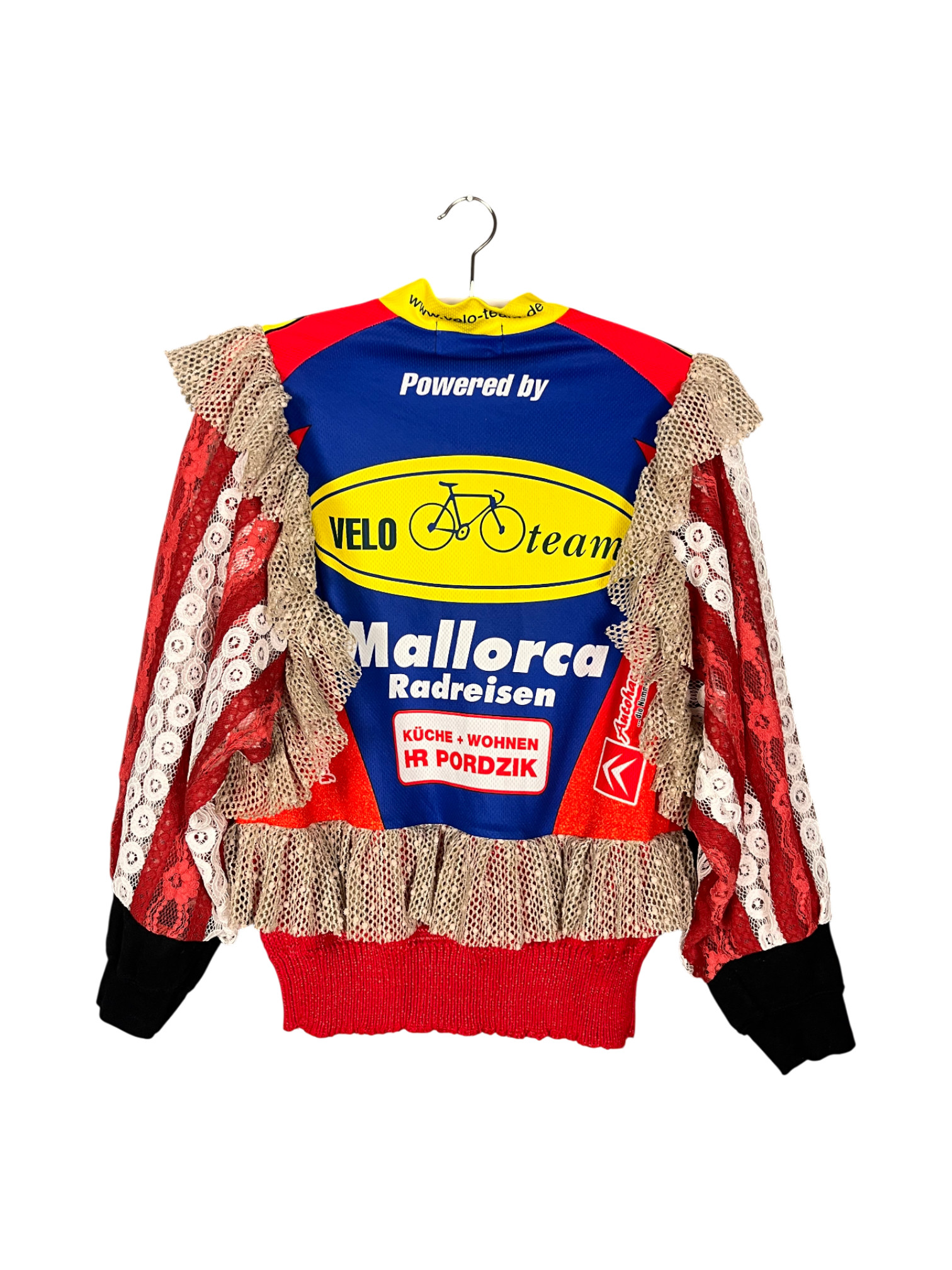 Upcycled Cycling Jersey Sweater Red Blue Ruffles Upcycled Cycling Jersey Sweater Red Blue Ruffles