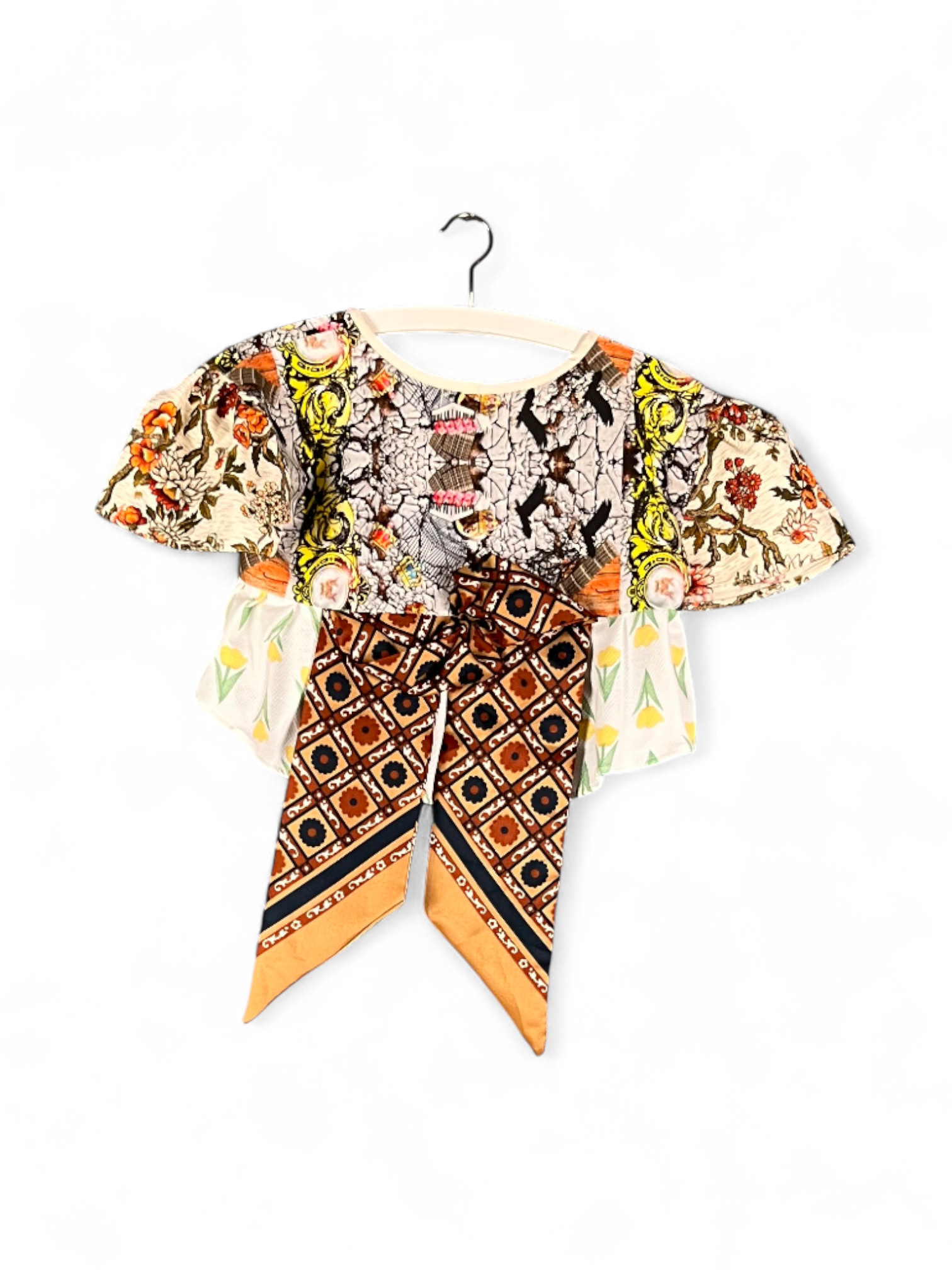 Patchwork Top Floral Crackle Orange Scarf Tails Patchwork Top Floral Crackle Orange Scarf Tails