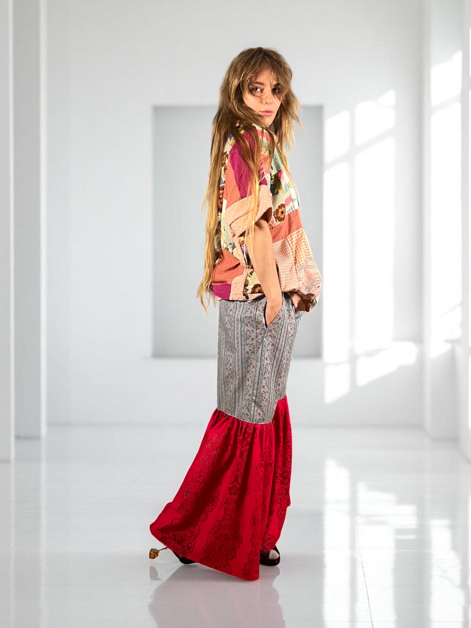 Upcycled Foulard Apron Skirt Yellow Brown Upcycled Foulard Apron Skirt Yellow Brown