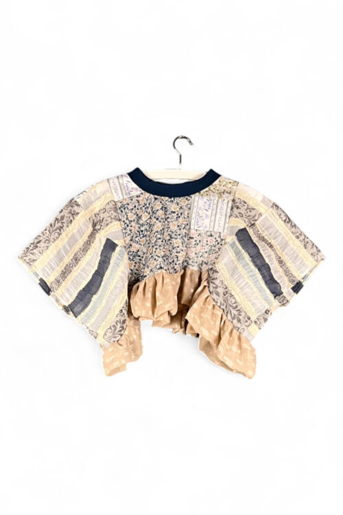 Patchwork Ruffle Top Cream Blue Mix