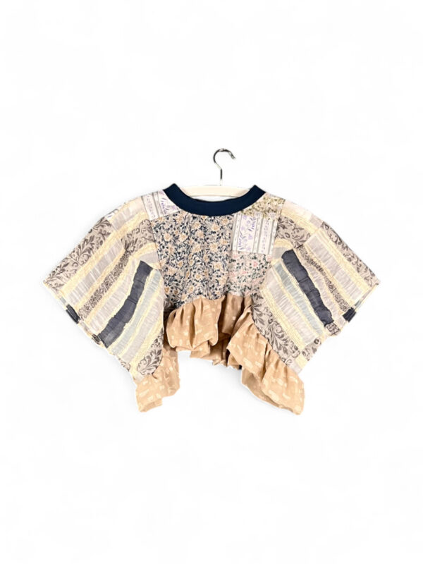 Patchwork Ruffle Top Cream Blue Mix