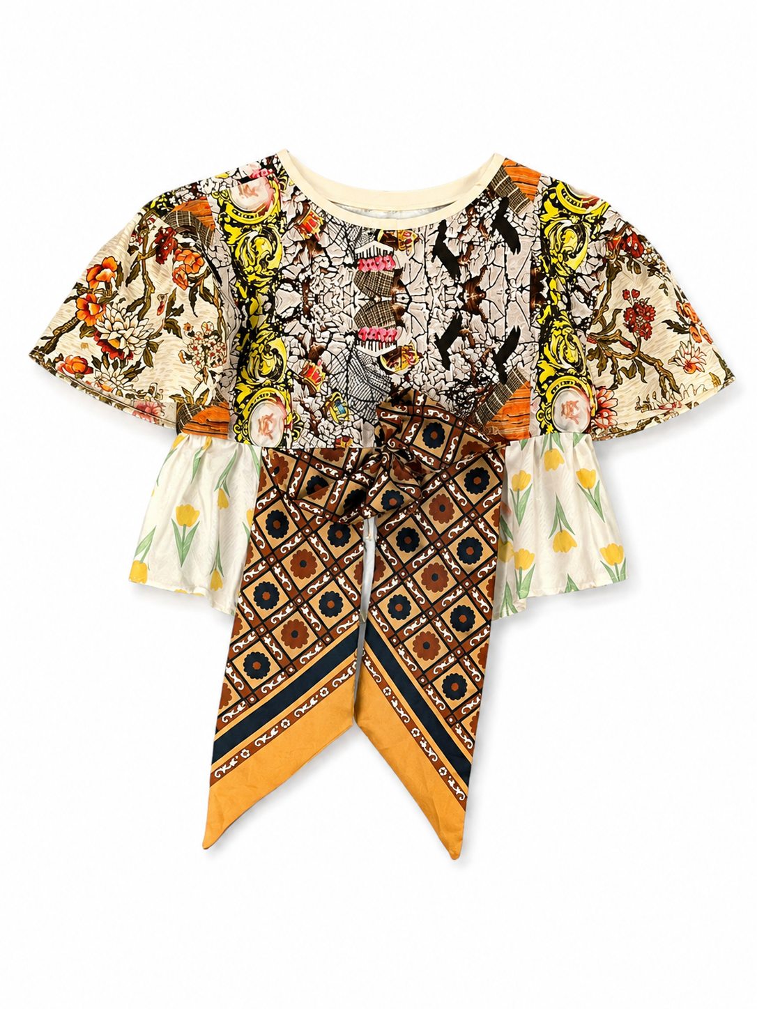 Patchwork Top Floral Crackle Orange Scarf Tails Patchwork Top Floral Crackle Orange Scarf Tails