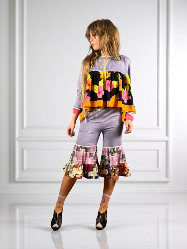 Upcycled Lavender Ruffle Pants Floral Pink Upcycled Lavender Ruffle Pants Floral Pink