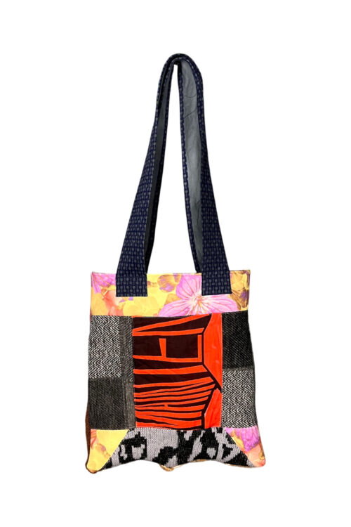 Upcycled Fabric Tote Bag Orange Graphic Mix Upcycled Fabric Tote Bag Orange Graphic Mix
