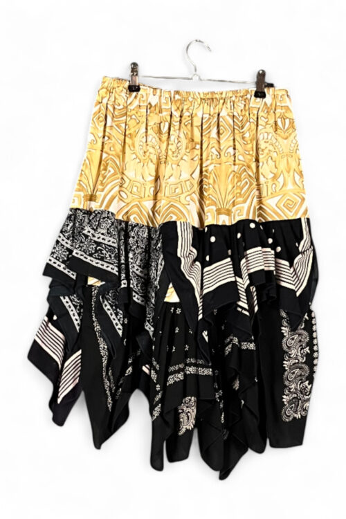 Upcycled Scarf Skirt Black White Gold Patchwork