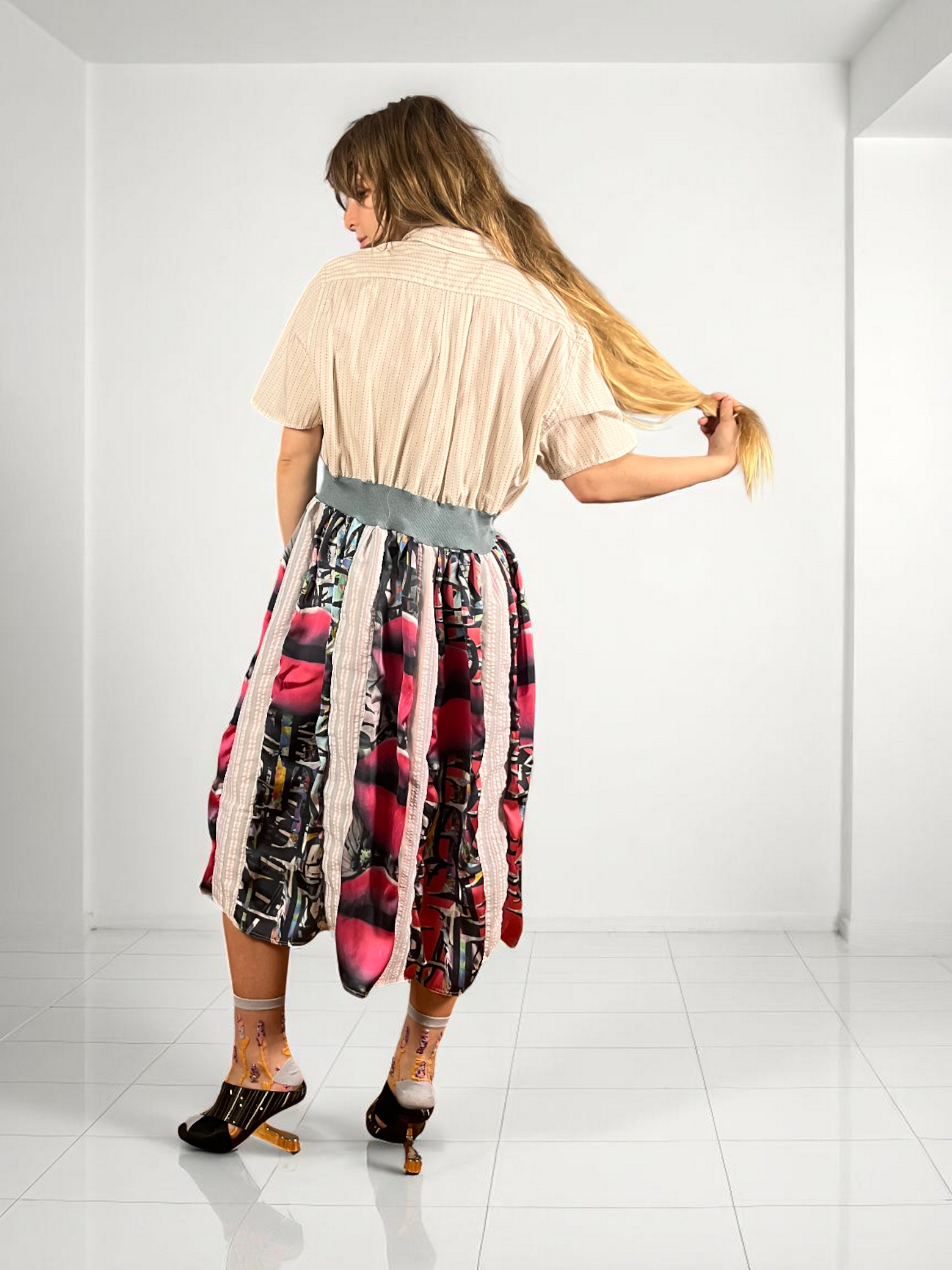 Patchwork Shirt Dress with Pink Graphic Skirt Patchwork Shirt Dress with Pink Graphic Skirt