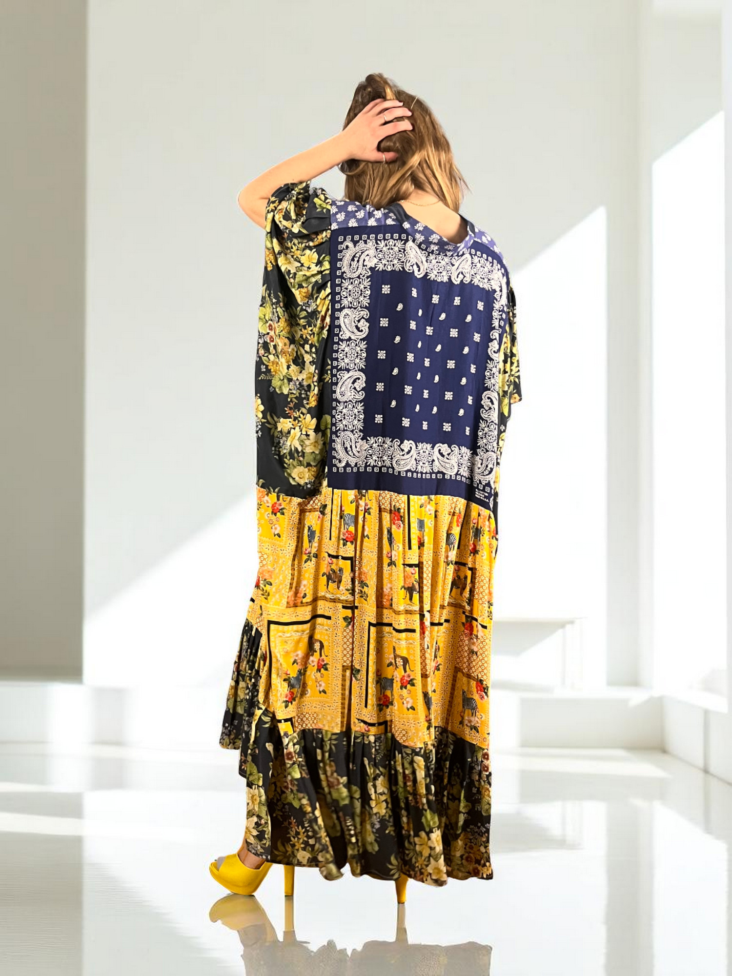 Floral Patchwork Dress Blue Bandana Front Floral Patchwork Dress Blue Bandana Front