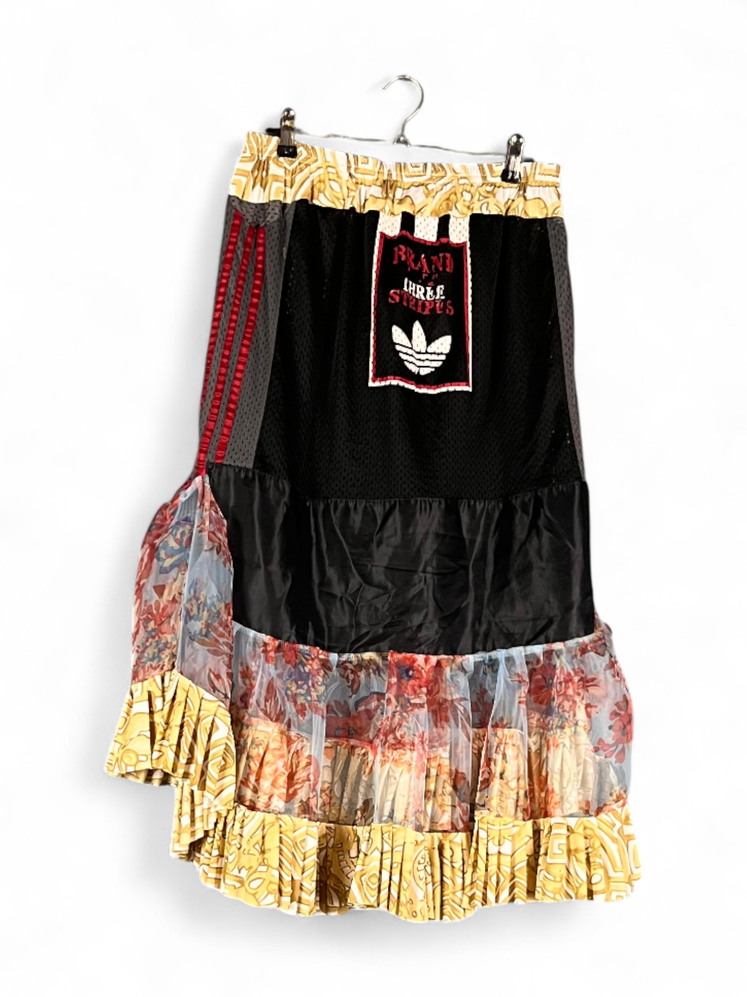 Patchwork Mesh Skirt Black Red Floral Ruffle Patchwork Mesh Skirt Black Red Floral Ruffle