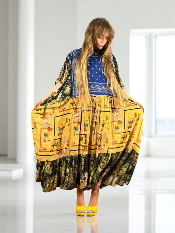 Floral Patchwork Dress Blue Bandana Front Floral Patchwork Dress Blue Bandana Front