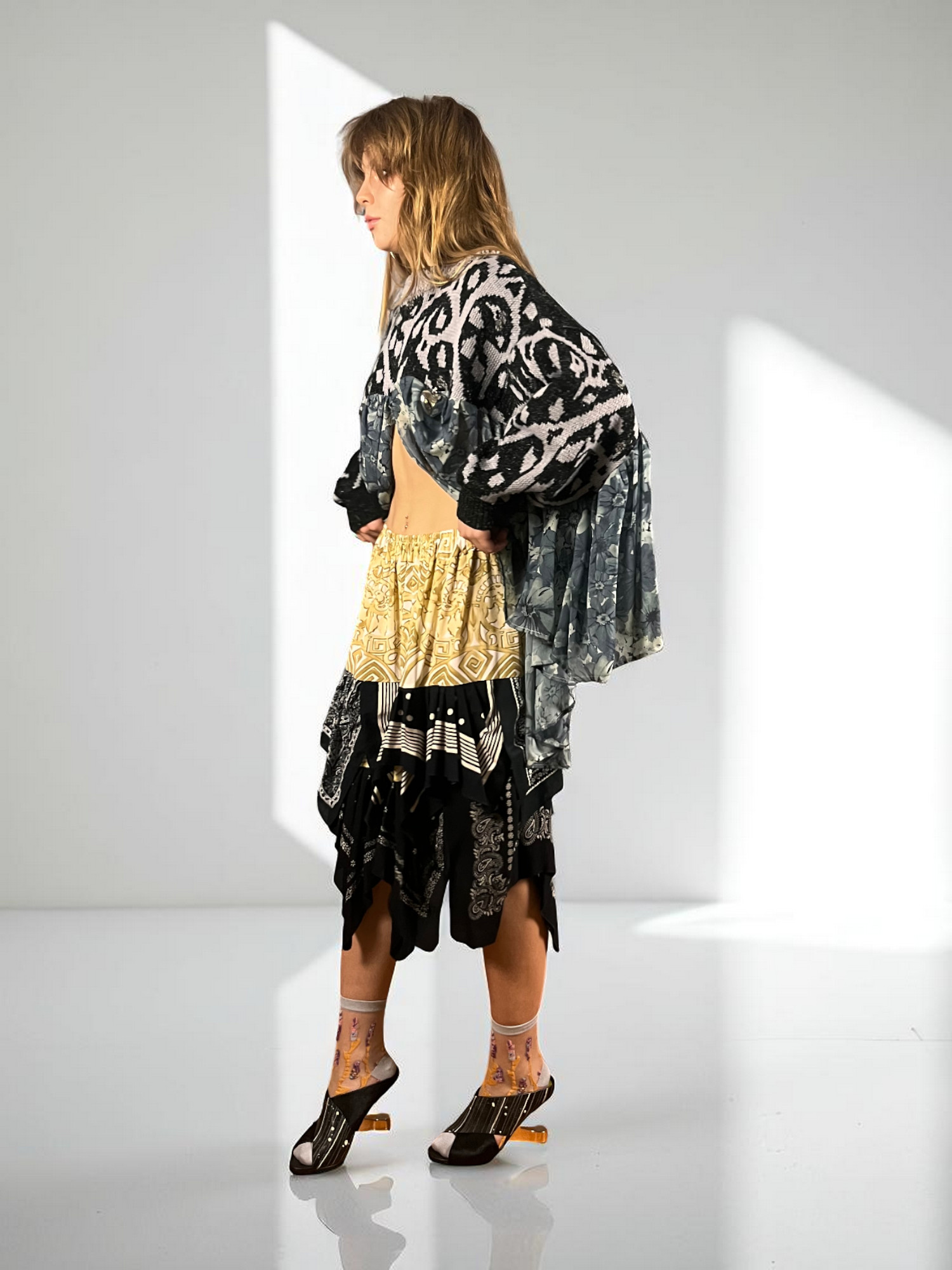 Upcycled Scarf Skirt Black White Gold Patchwork Upcycled Scarf Skirt Black White Gold Patchwork