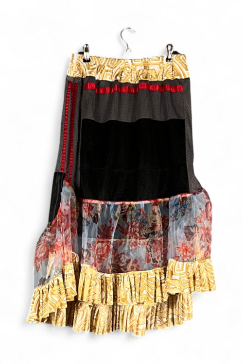 Patchwork Mesh Skirt Black Red Floral Ruffle