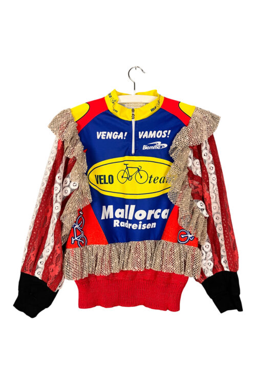 Upcycled Cycling Jersey Sweater Red Blue Ruffles Upcycled Cycling Jersey Sweater Red Blue Ruffles