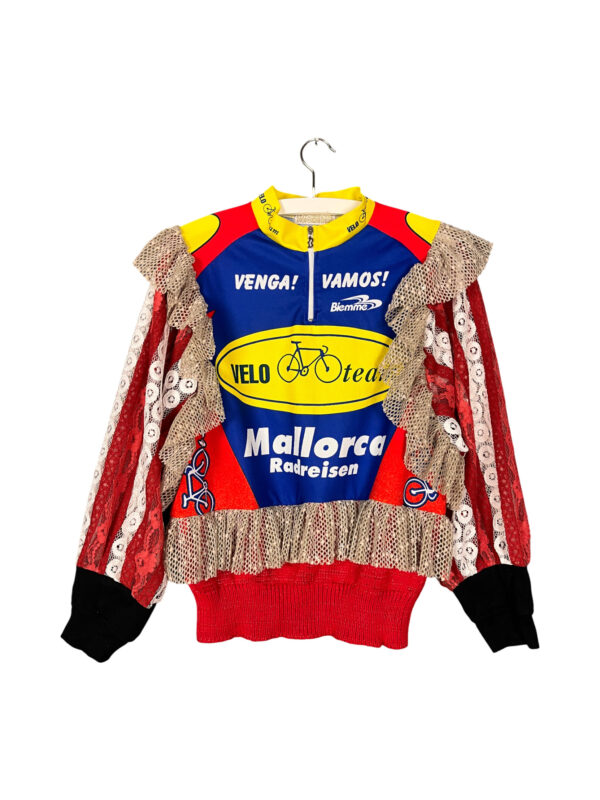 Upcycled Cycling Jersey Sweater Red Blue Ruffles Upcycled Cycling Jersey Sweater Red Blue Ruffles